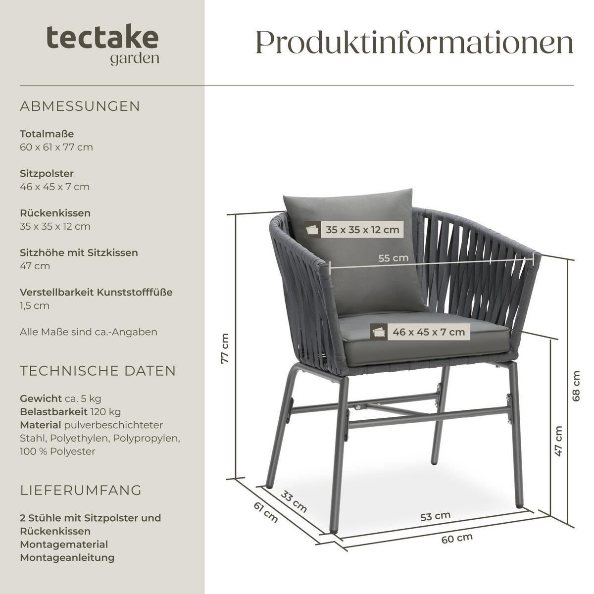 STUHLSET Valeiras,60 x 61 x 77 cm,dunkelgrau/dunkelgrau - Dunkelgrau, Textil (60/77/61cm) - tectake