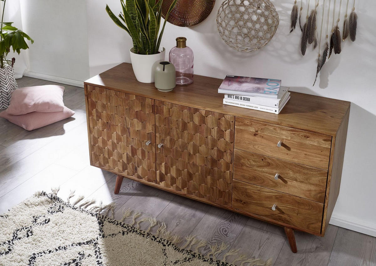 SIDEBOARD Akazie 145x42x75 natur lackiert MOSAYK #106 - Braun, Holz (145/75/42cm) - Massivmoebel24