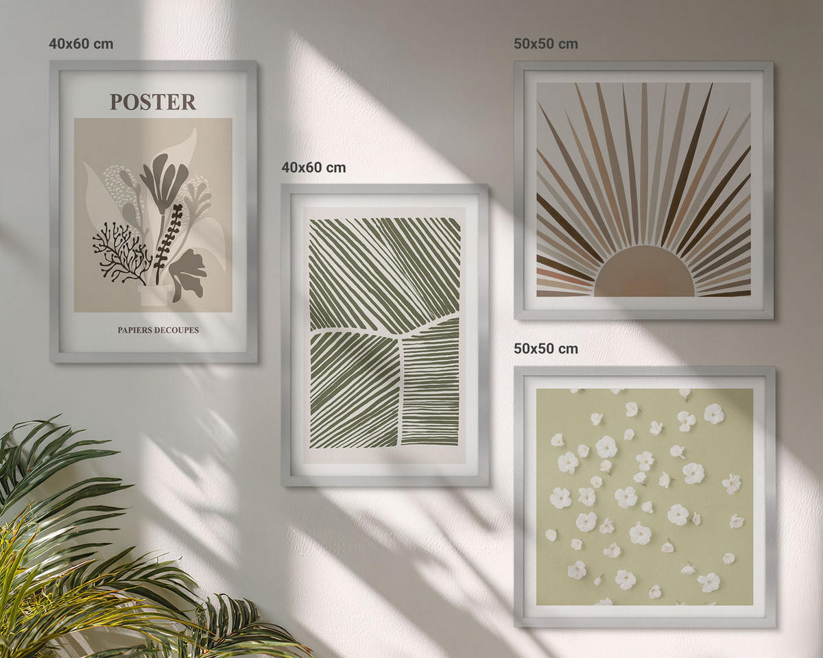 BILDER SET 4er Set - 50x50 cm & 40x60 cm Silberner Rahmen - Pflanzenmotive in gedeckten Farben - Silberfarben, Kunststoff (50/50cm) - TULUP