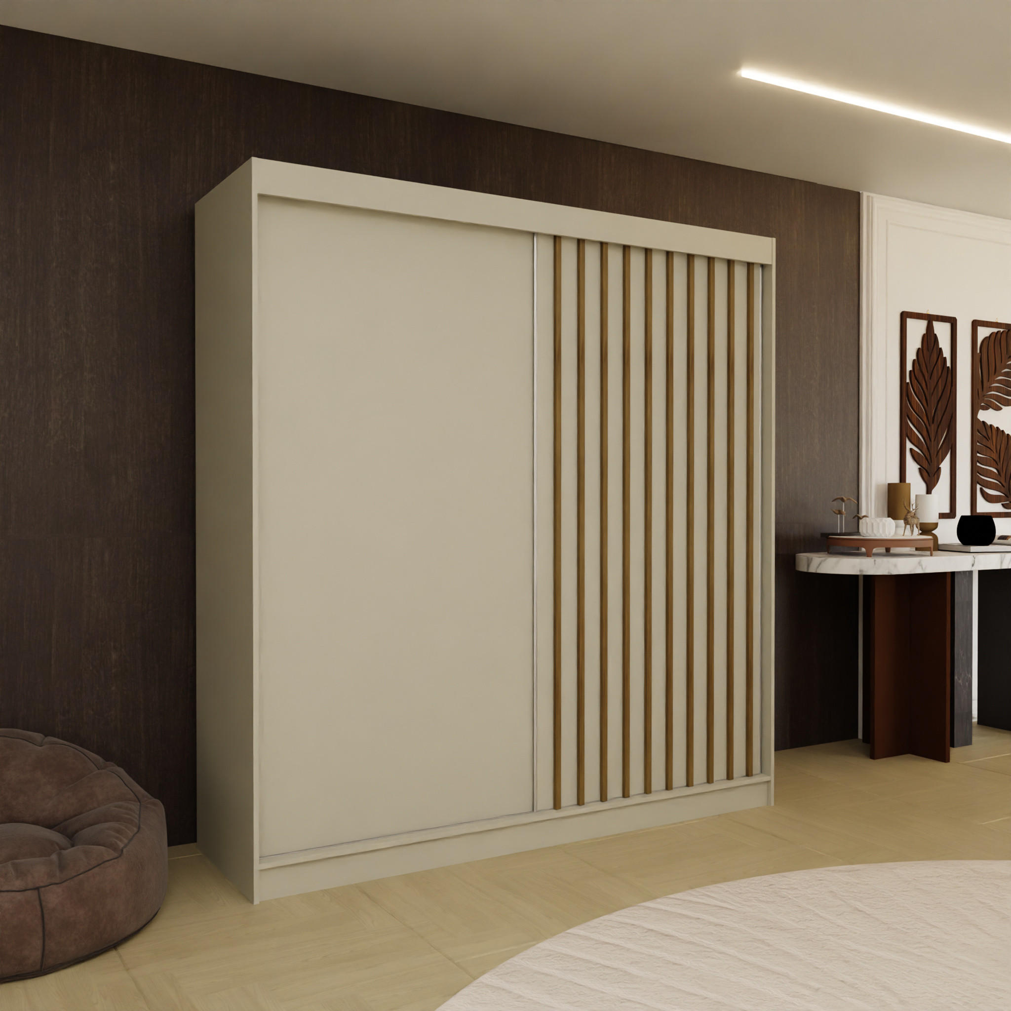 SCHWEBETÜRENSCHRANK Cabinio Beige Eiche Artisan 200/216/61 cm – Modern, mit Lamellen - Beige/Walnussfarben, Holzwerkstoff/Kunststoff (200/216.1/61cm) - AX Living