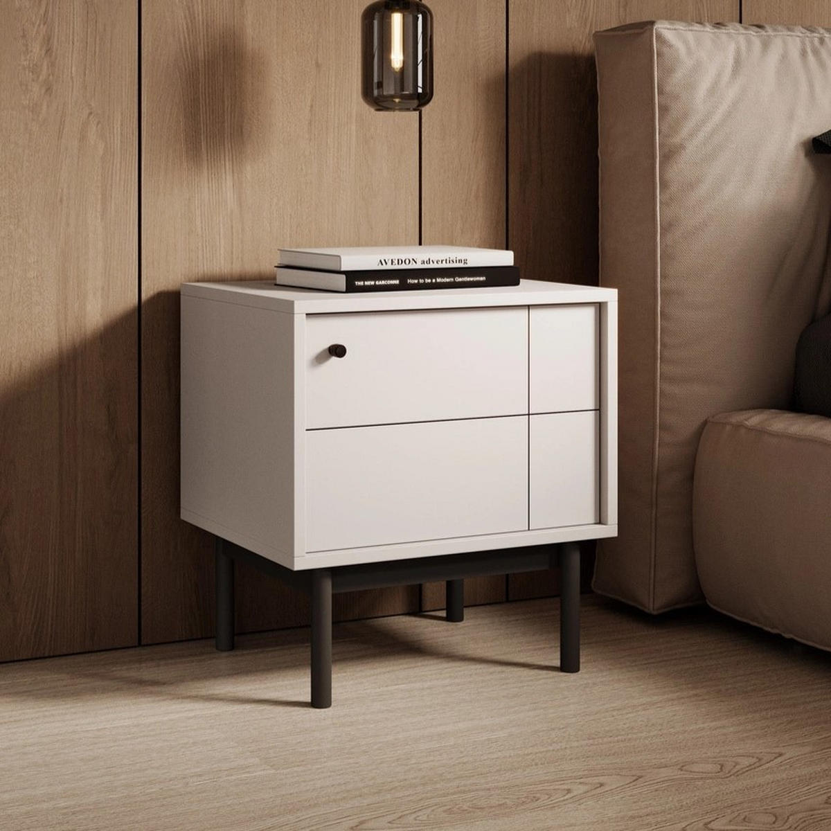 NACHTSCHRANK SORA SN1D (Cashmere, Gefräste Front, Haefele Soft-Close, Holzfüße) - Kaschmir/Schwarz, Holz/Holzwerkstoff (53/56/39cm) - Ravio
