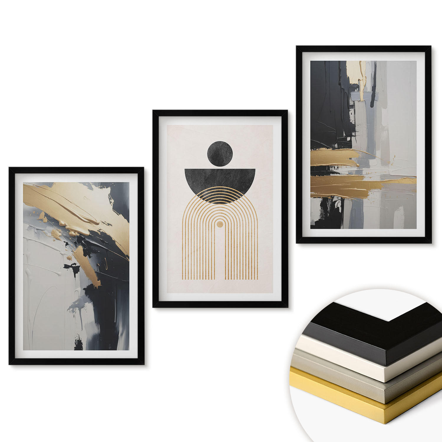 WANDBILDER 3er-Set - 40x60 cm Schwarzer Rahmen - Abstrakte Geometrie Eleganz - Schwarz, Kunststoff (40/60cm) - ArtPrintCave