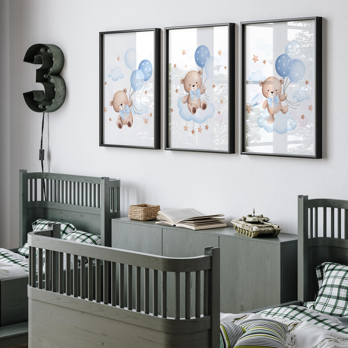 SADA PLAGÁTOV Do Detskej Izby Mackovia Modré Balóny Oblaky Hviezdy 3x Plagát A4 21 x 30 cm - hnedá/žltá, papier (21/30/1cm) - Muralo