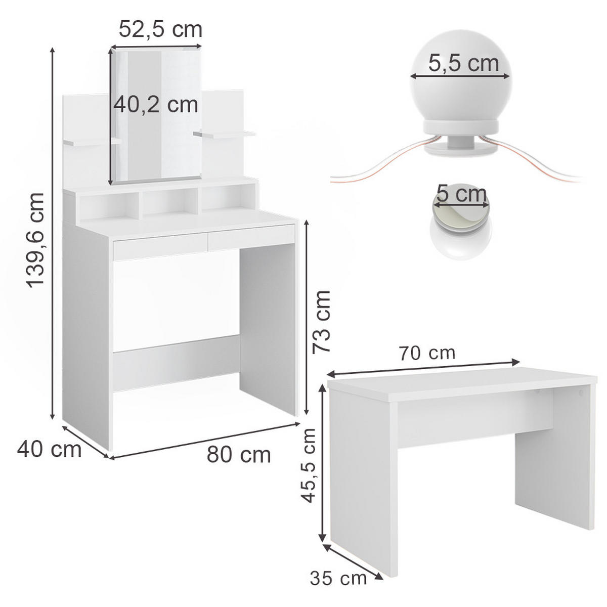 SCHMINKTISCH Ania Weiß 80 cm mit LED Beleuchtung und Bank - Weiß, Holzwerkstoff (80/139.6/40cm) - Vicco