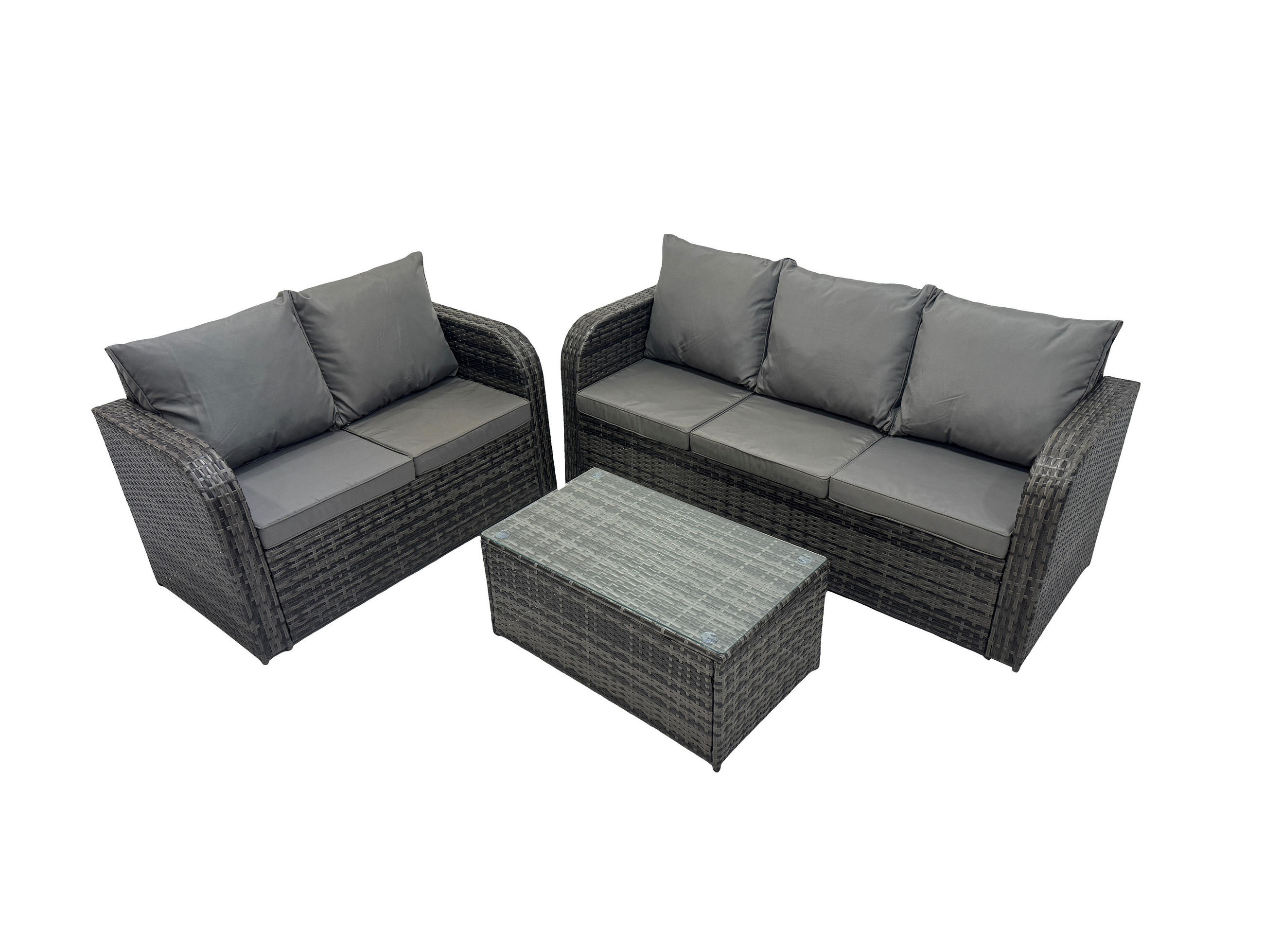 GARTENMÖBELSET mit Couchtisch Polyrattan 5-Sitzer - Dunkelgrau/Grau, Glas/Kunststoff - Fimous