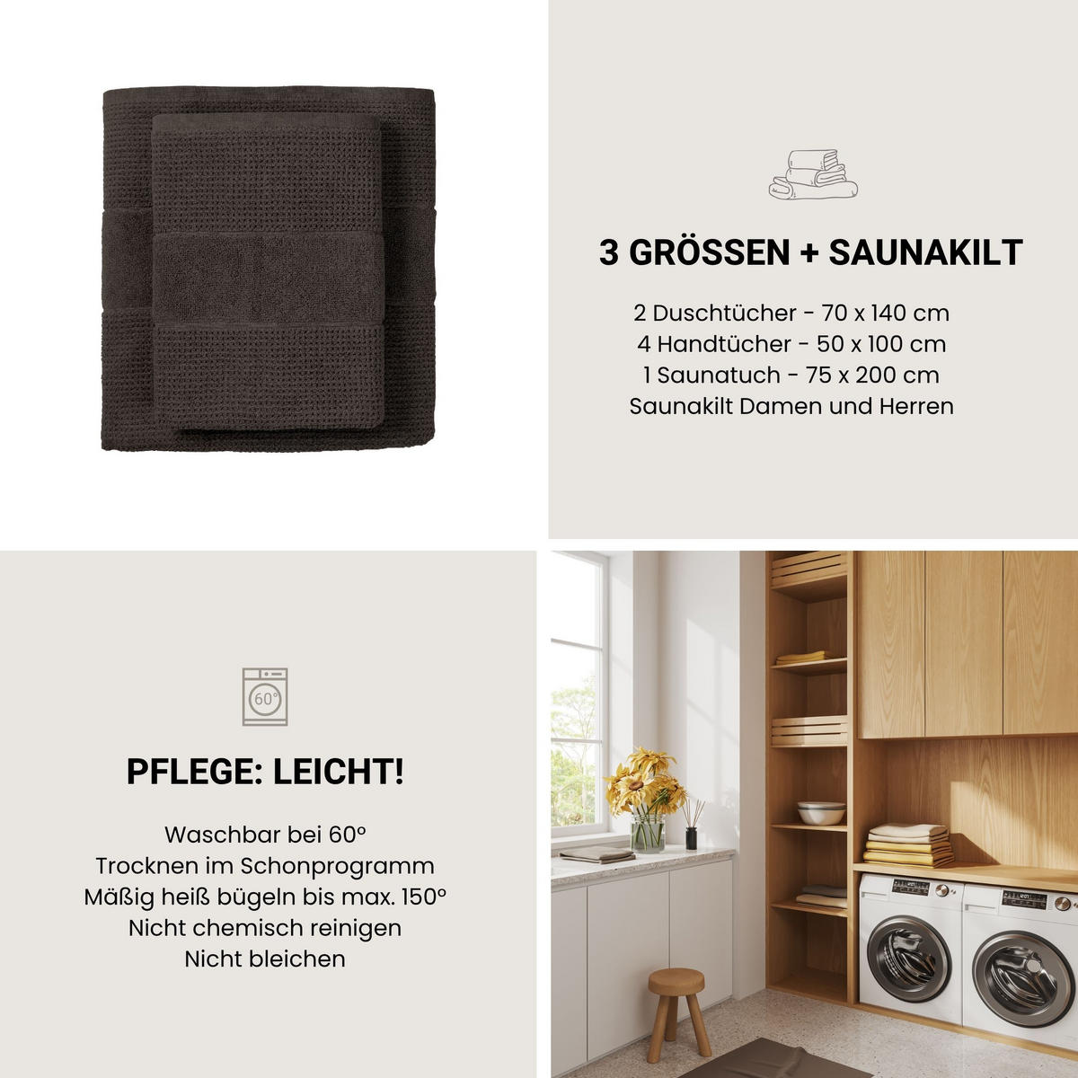 HANDTUCHSET Turin - 4-teilig - 50x100 cm - Dunkelgrau - Dunkelgrau, Textil (50/100cm) - SCHIESSER