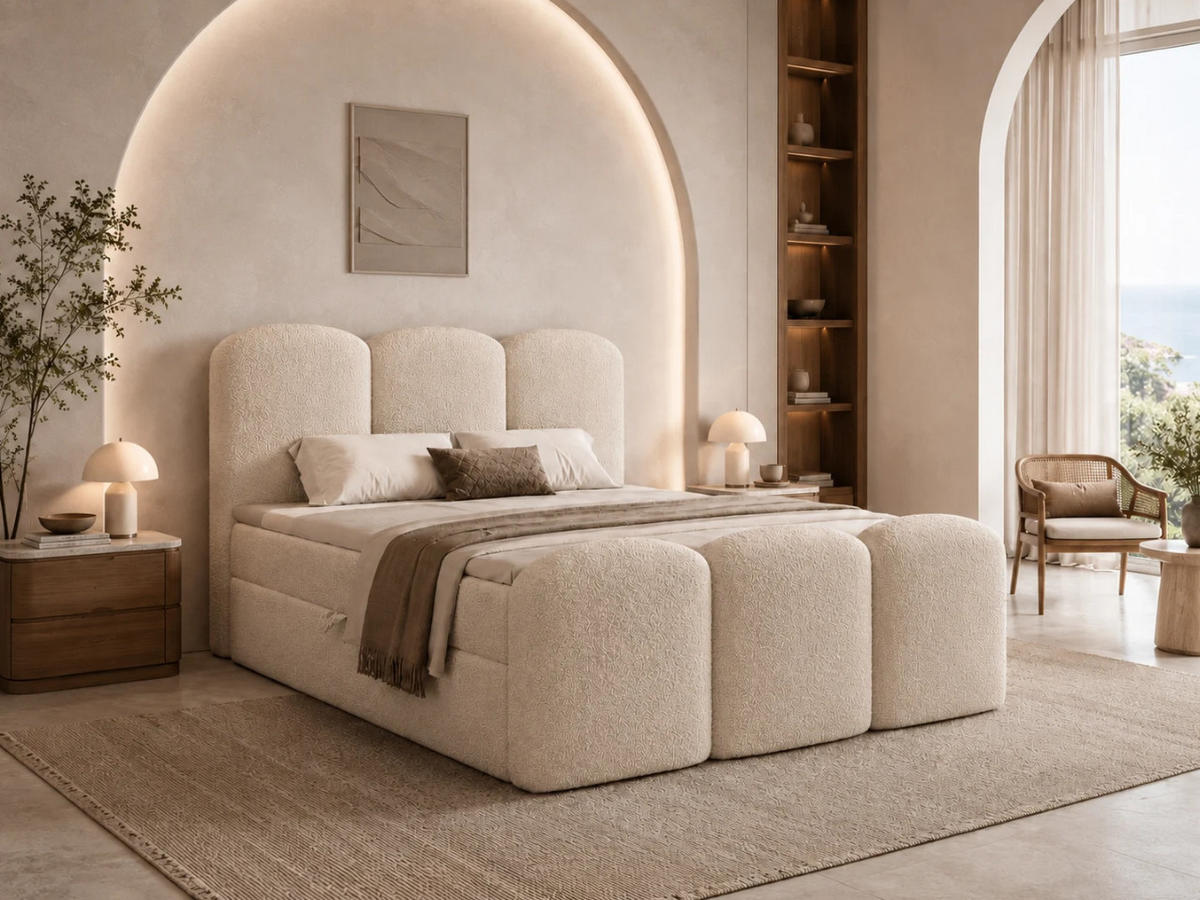 BOXBETT ROYAL 200x200 cm in Creme, Bettkasten, Topper, Bouclé-Stoff - Ecru, Holz/Textil (200/200cm) - EMLAR Home