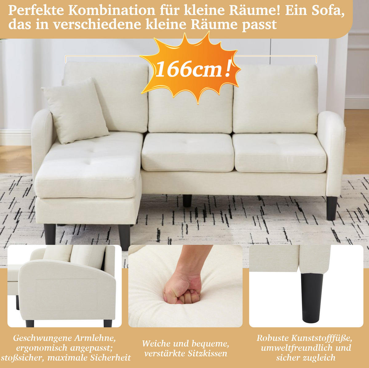 ECKSOFA 166/118/77 cm hellbeige aus Schaumstoff mit modularer Chaiselongue - Beige, Kunststoff (118/166cm) - OKWISH