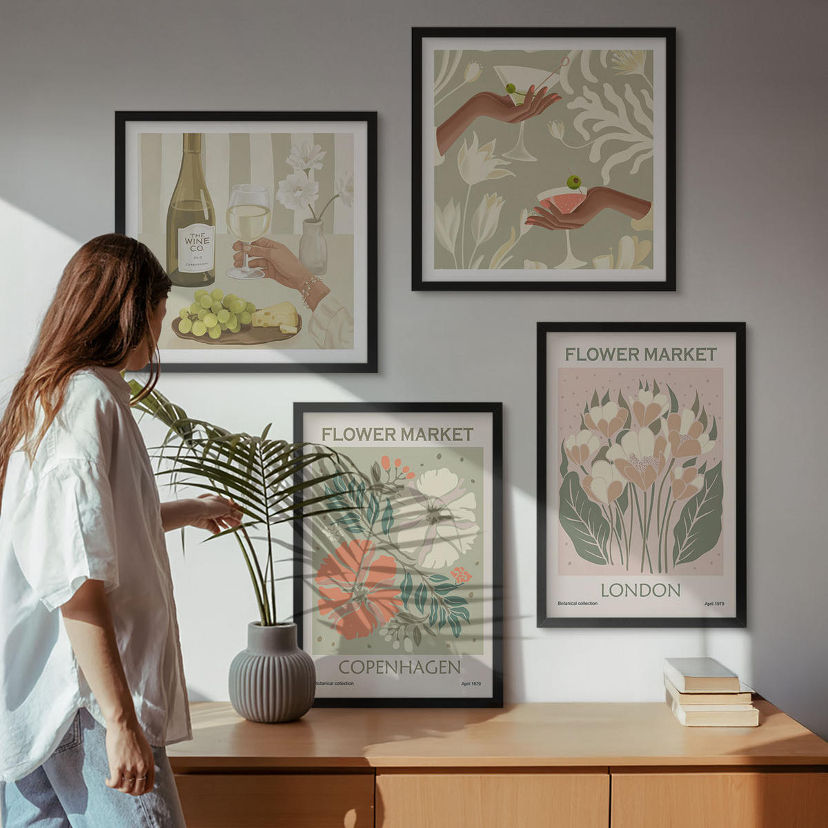 BILDER SET 4er Set - 50x50 cm & 40x60 cm Schwarzer Rahmen - Blumenposter Weinstadt - Schwarz, Kunststoff (50/50cm) - TULUP