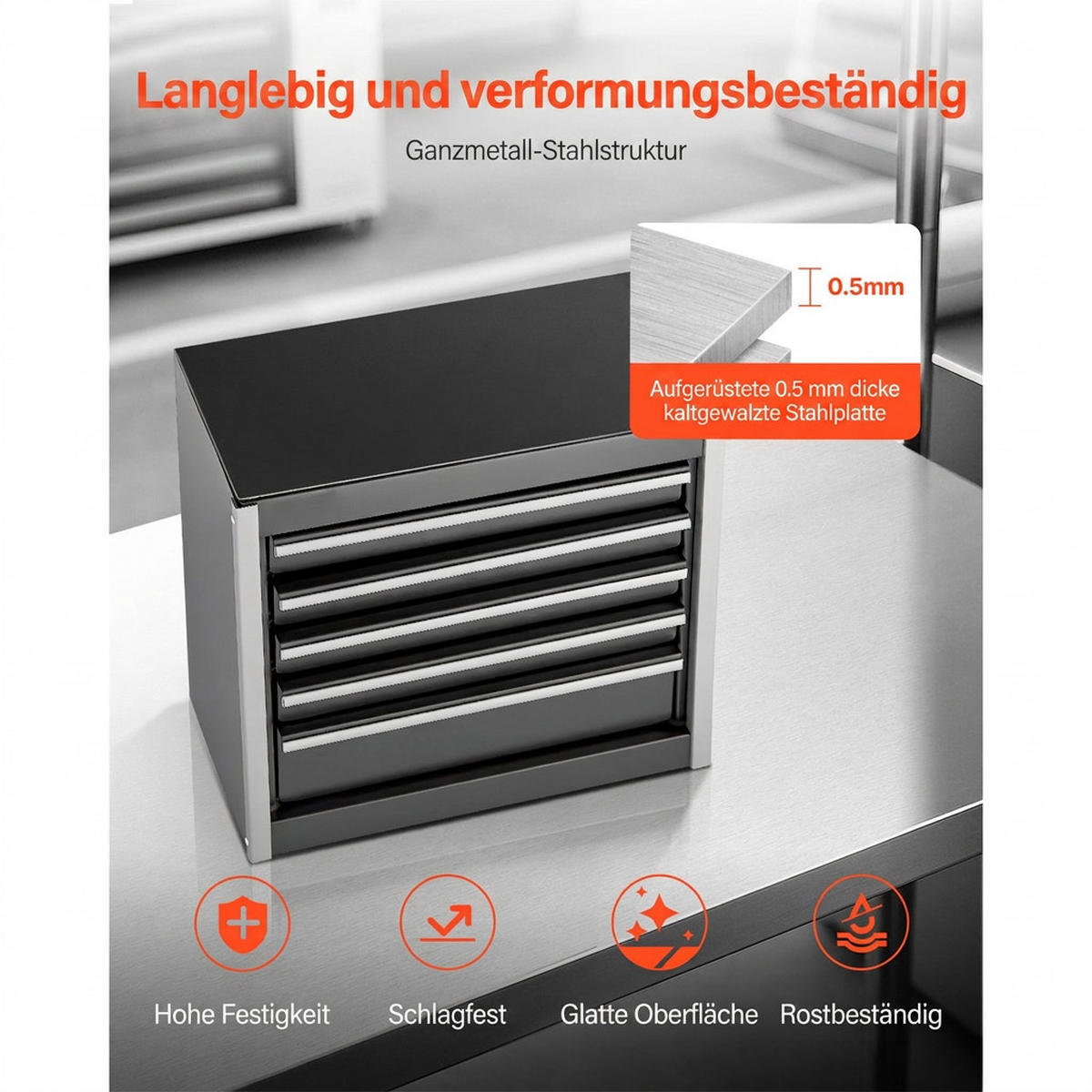 WERKZEUGKOFFER 8,6 Zoll Werkzeugkasten Metall mit 5 Schubladen Tragbare Werkzeugbox Schwarz - Schwarz, Metall (10/10/10cm) - Raelunyi