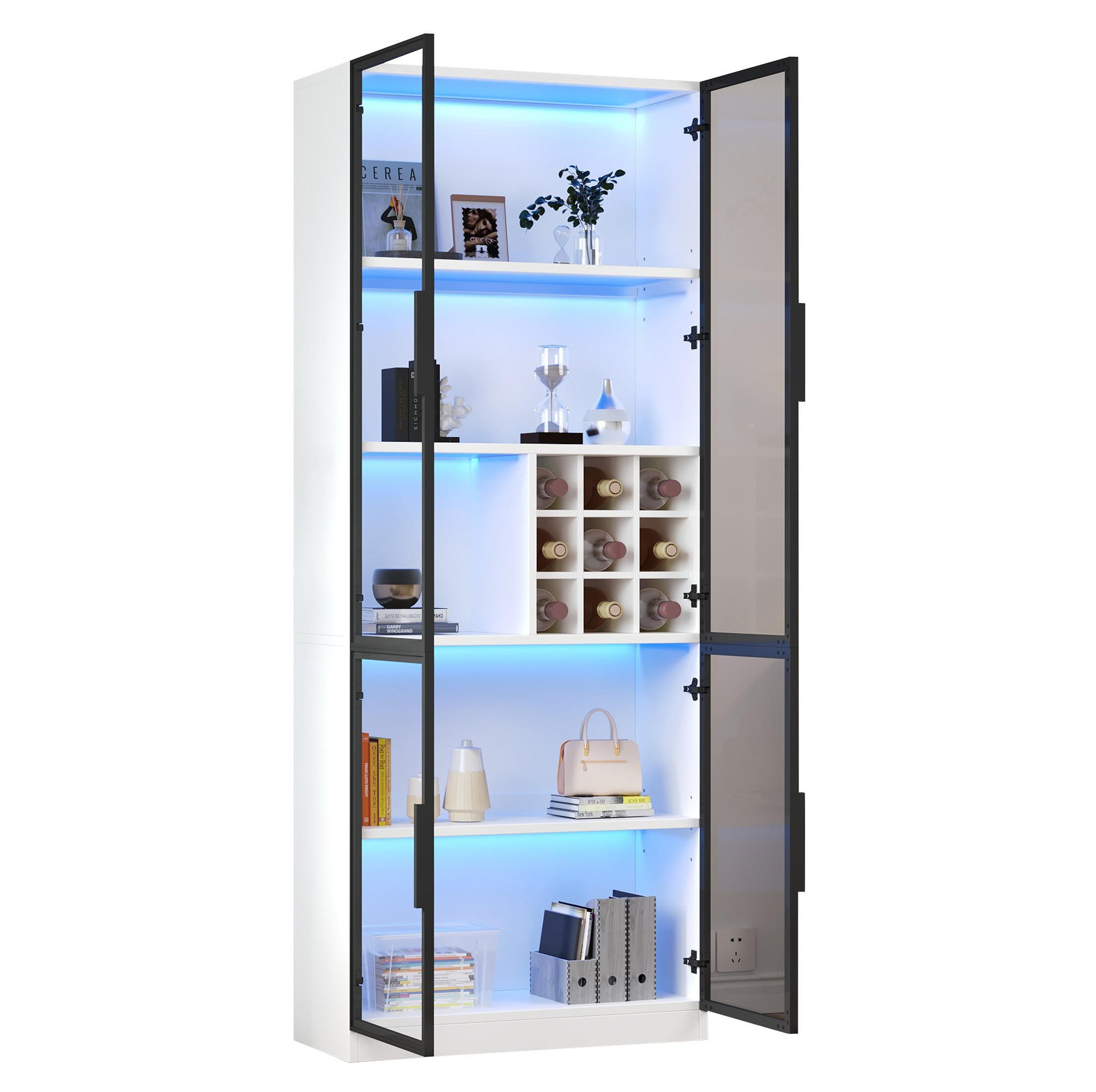 VITRINE 80/35/200 cm aus Spanplatte mit Glastüren, Weinfach und LED-Beleuchtung Weiß - Weiß, Holzwerkstoff (80/200/35cm) - Modenvie
