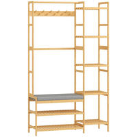 STANDGARDEROBE 104/33/175 cm mit 10 Haken, Schuhablage, Sitzbank aus Bambus - Naturfarben, Naturmaterialien (104/175/33cm) - BEAOK