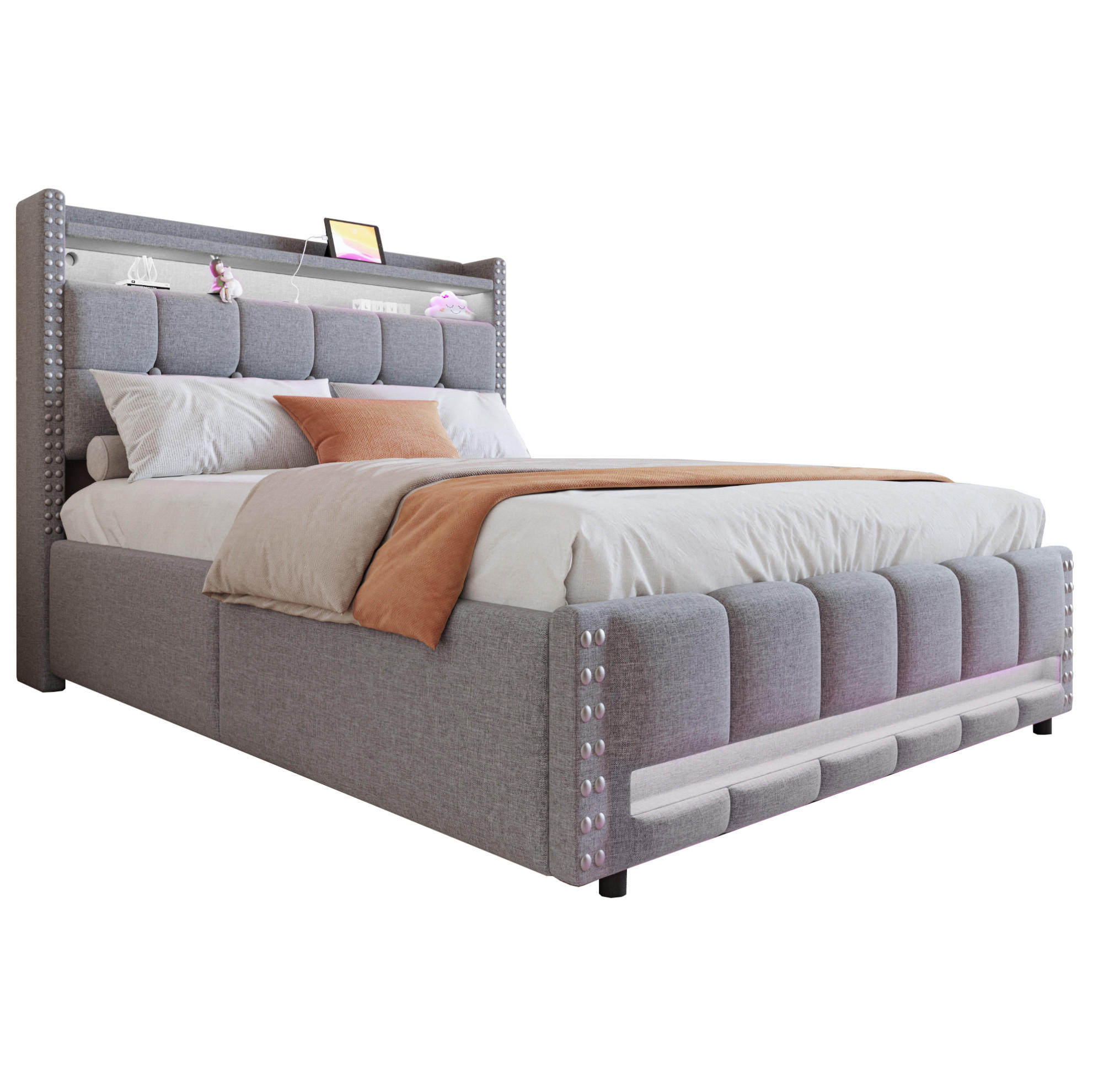 POLSTERBETT aus Leinenstoff 140x200 cm Hellgrau mit LED-Beleuchtung, USB-Anschluss und hydraulischem Stauraum - Hellgrau, Textil (140/200cm) - Modfu