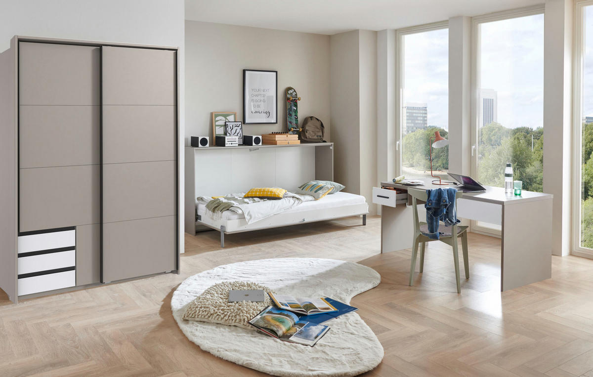 JUGENDZIMMER Bahamas Saharagrau- Weiß 5 teilig mit Schwebetürenschrank und Klappbett - Grau, Holzwerkstoff (80/200/120cm)