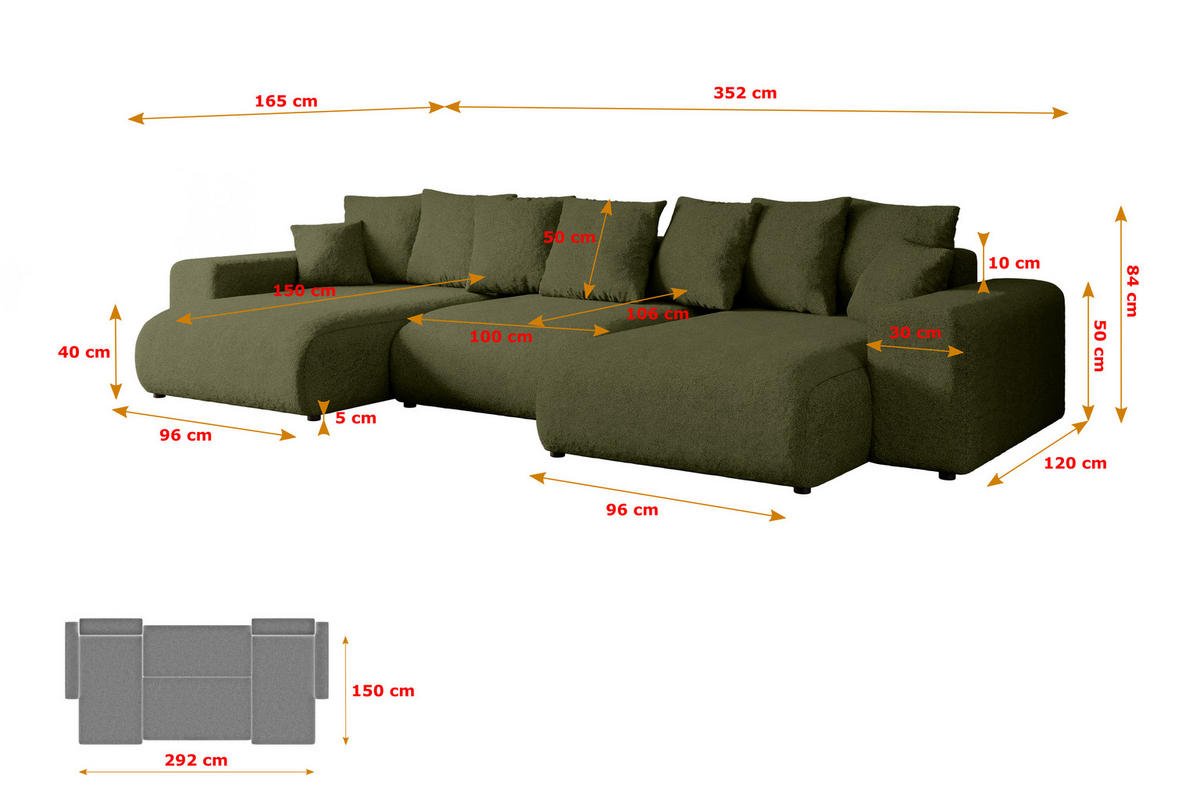 WOHNLANDSCHAFT mit Schlaffunktion und Bettkasten ESKAR-U -352x165x84cm Grün Bouclé - Schwarz/Grün, Holzwerkstoff/Kunststoff (352/84/165cm) - ALTDECOR