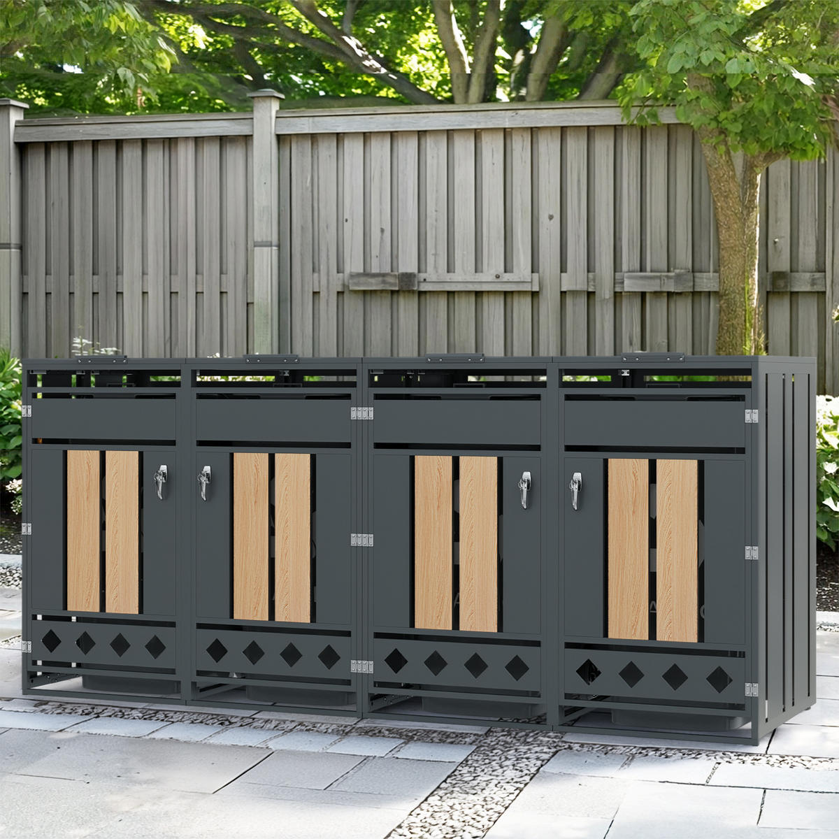 MÜLLTONNENBOX aus Stahl in Grau/Holzoptik mit hydraulischem Klappdeckel - Grau, Metall (264/118.5/80cm) - Modfu