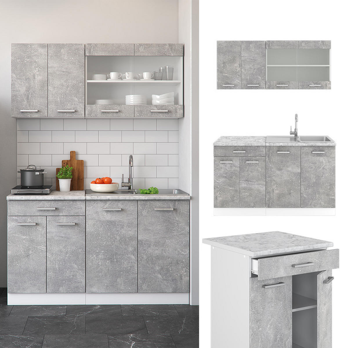 KÜCHENZEILE R-Line Beton/Weiß 140 cm, AP Eiche - Schieferfarben/Weiß, Holzwerkstoff (140/81.6/60cm) - Vicco