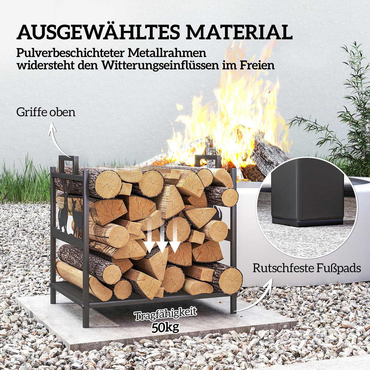 KAMINHOLZREGAL für innen 42,5 x 33,5 x 43 cm Brennholzregal Kaminholzständer - Schwarz, Metall (33.5/43/42.5cm) - Outsunny