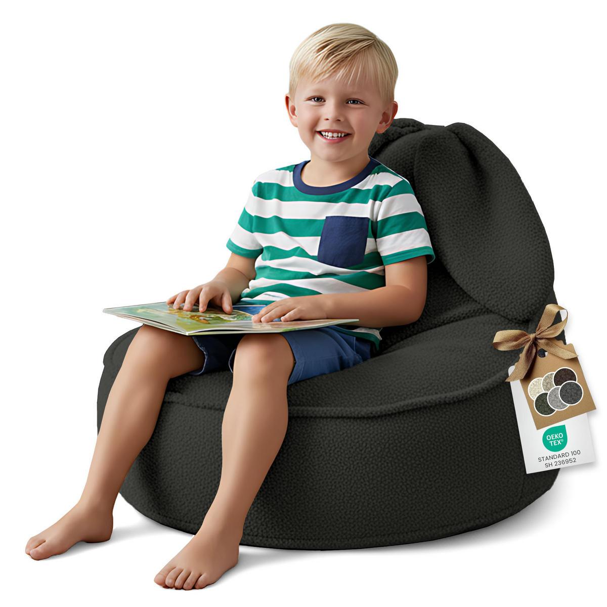 SITZSACK FÜR KINDER Hase 75/75/55 cm, weicher Bouclé 315 g/m², abnehmbarer Bezug, Cocoa Brown - Dunkelgrau, Textil (75/55/75cm) - Dreamroots