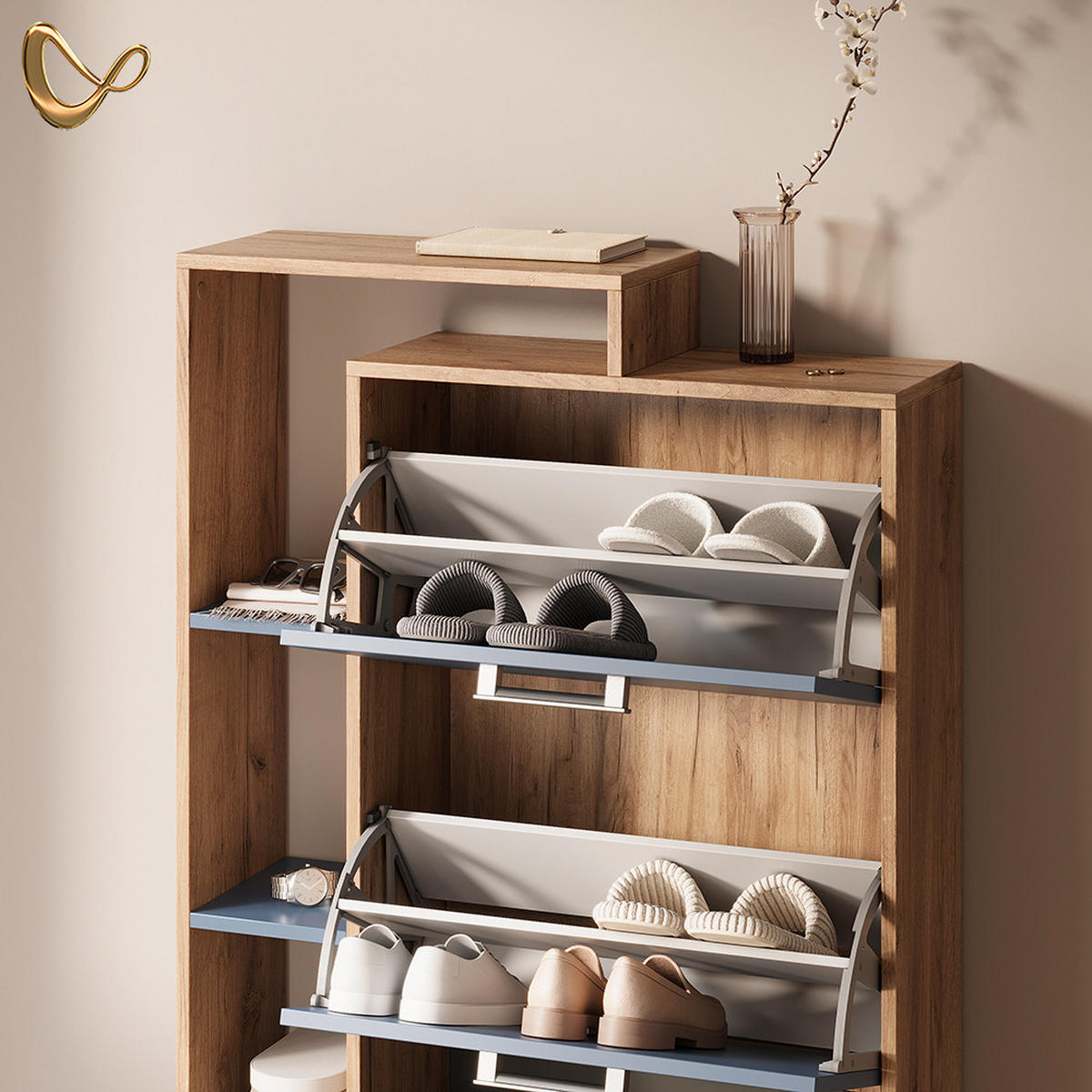 SCHUHKIPPER Ortello Goldkraft Eiche/Blau 80 x 128.3 cm mit 3 Fächern - Eichefarben/Dunkelblau, Holzwerkstoff (80/128.3/24.2cm) - Livinity®