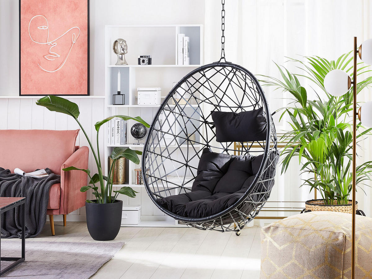 HÄNGESESSEL PE Rattan schwarz 94 cm Alatri - Schwarz, Kunststoff (94/108/96cm) - Beliani