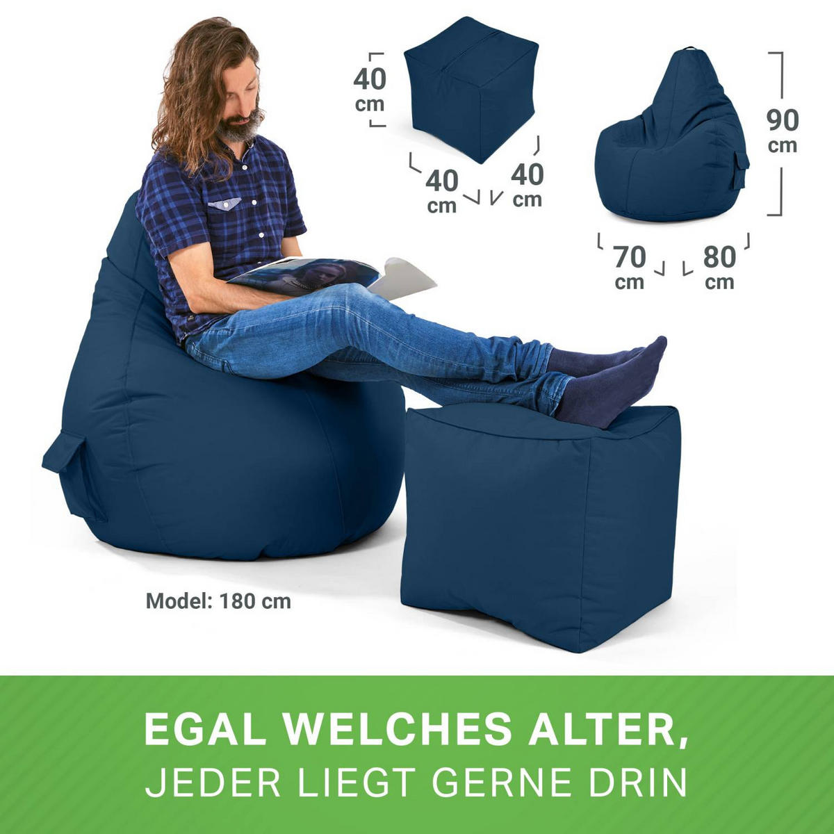 SITZSACK + Hocker "Cozy+Cube" 2er Set - Dunkelblau, Textil (70/90/80cm) - Green Bean