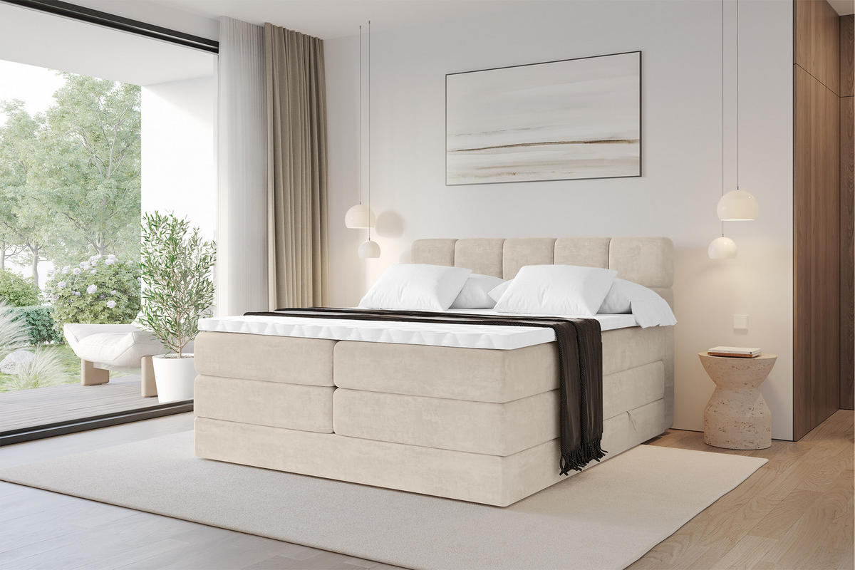 BOXBETT mit Matratze H3/H4 - FAMA KING - 160x200 cm Beige Monolith - Sahara, Holzwerkstoff (160/200cm) - ALTDECOR