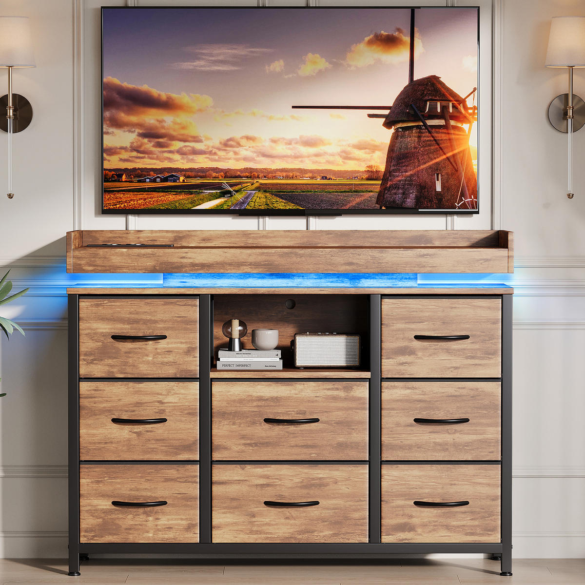 KOMMODE Industrie‑Design mit mehrfarbiger LED‑Beleuchtung & Ladestation 30/108/82 cm - Alteiche, Holz (108/82/30cm) - Joyfair