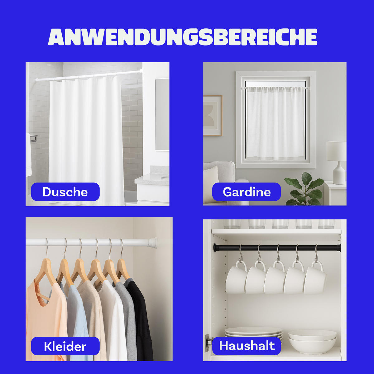 VERSTELLBARE Vorhangstange - Spannstange zum Klemmen Weiß Ø10/13 mm 120-210 cm - Weiß, Metall (120cm) - Bestlivings