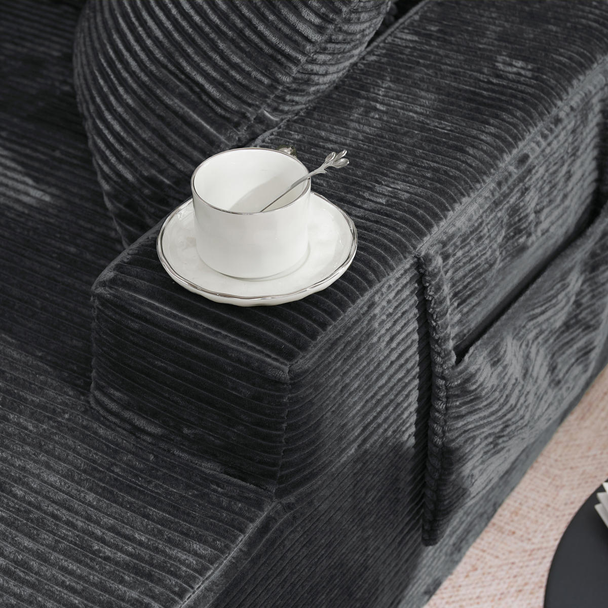 SOFAELEMENT 150/110/70 cm Schwarz Cord mit 2 Staufächer - Schwarz, Textil (70/150/110cm) - Oxeza