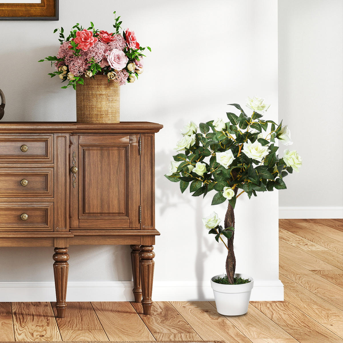 KÜNSTLICHE Rosenpflanzen groß 90 cm Kunstpflanze Rosenbaum für Wohnzimmer - Weiß, Kunststoff (90cm) - Outsunny