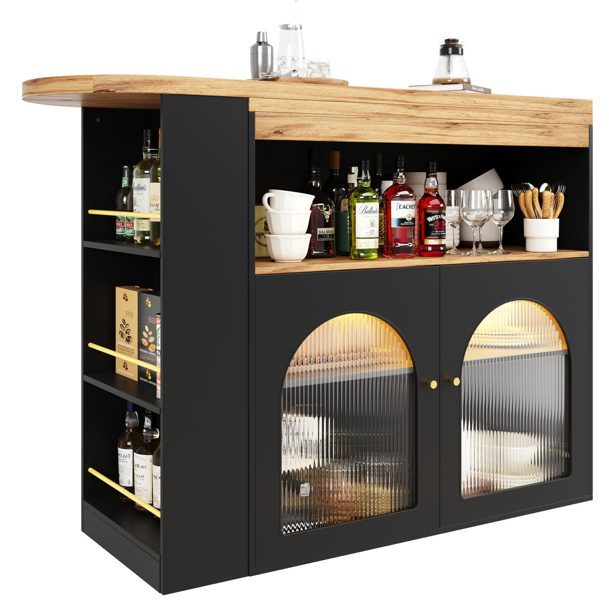 BARSKI stol 138-193/39/105 cm crni od MDF-a s LED rasvjetom i rotacijom 360° - crna, drvni materijal (39/193/105cm) - OKWISH