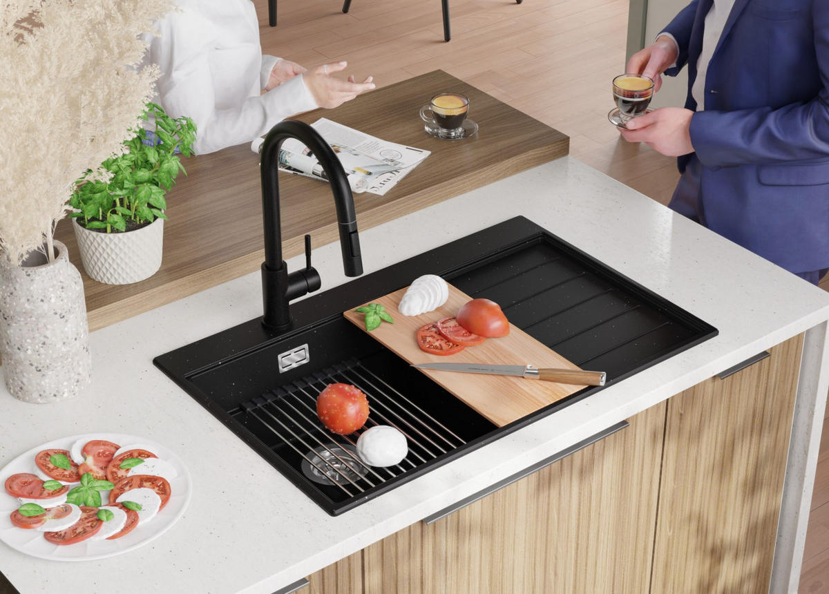 SPÜLBECKEN Sydney, 2-er set Schwarz Metallic 78/50 cm 1 Becken + Ablauf-Set + Küchenzubehörset ab 45er Unterschrank - Chromfarben/Schwarz Hochglanz, Kunststoff (78/20/50cm) - Primagran