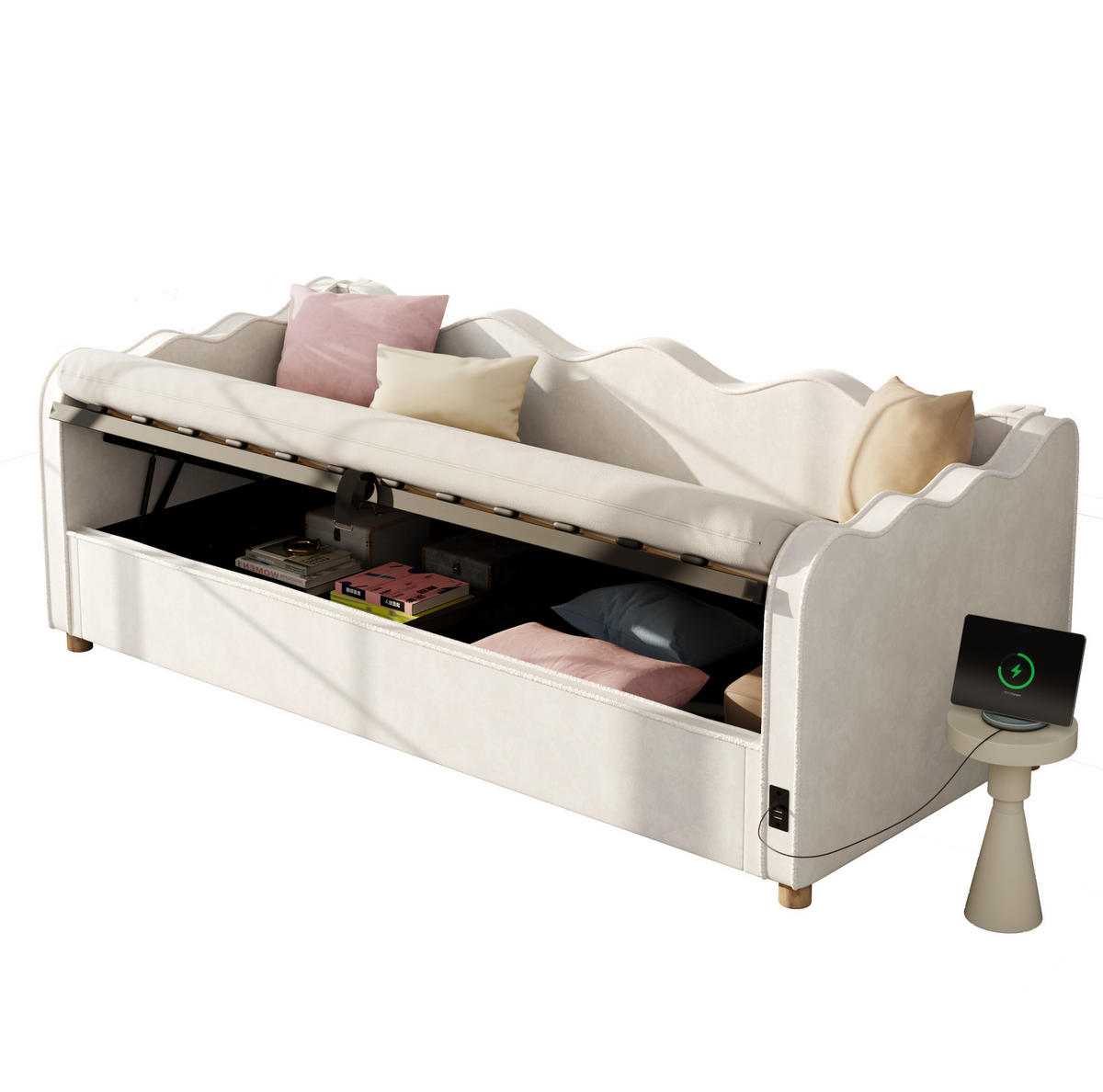 KINDERBETT 90/200 cm mit hydraulischem Stauraum, USB- und Type-C-Anschluss, Samtbezug, Beige - Beige, Textil (90/200cm) - Redom