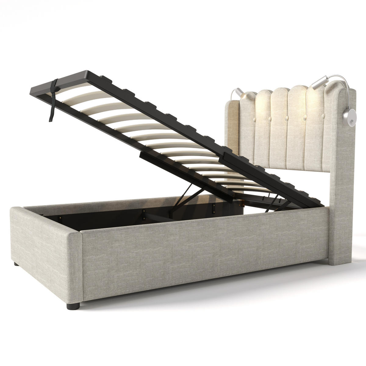 POLSTERBETT 90/200 cm in Natur mit Bettkasten, Leselicht und USB-Ladefunktion - Naturfarben, Textil (90/200cm) - Flora Grace