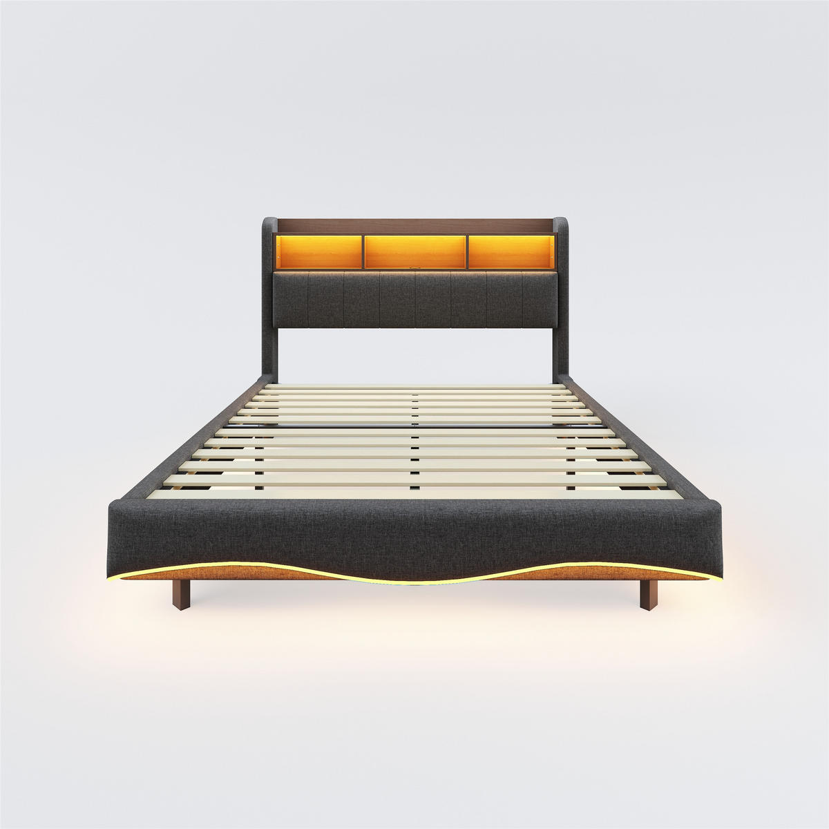 POLSTERBETT 140/200 cm grau mit Stauraum, LED-Beleuchtung und USB- sowie Type-C-Anschlüssen - Grau, Textil (140/200cm) - OKWISH