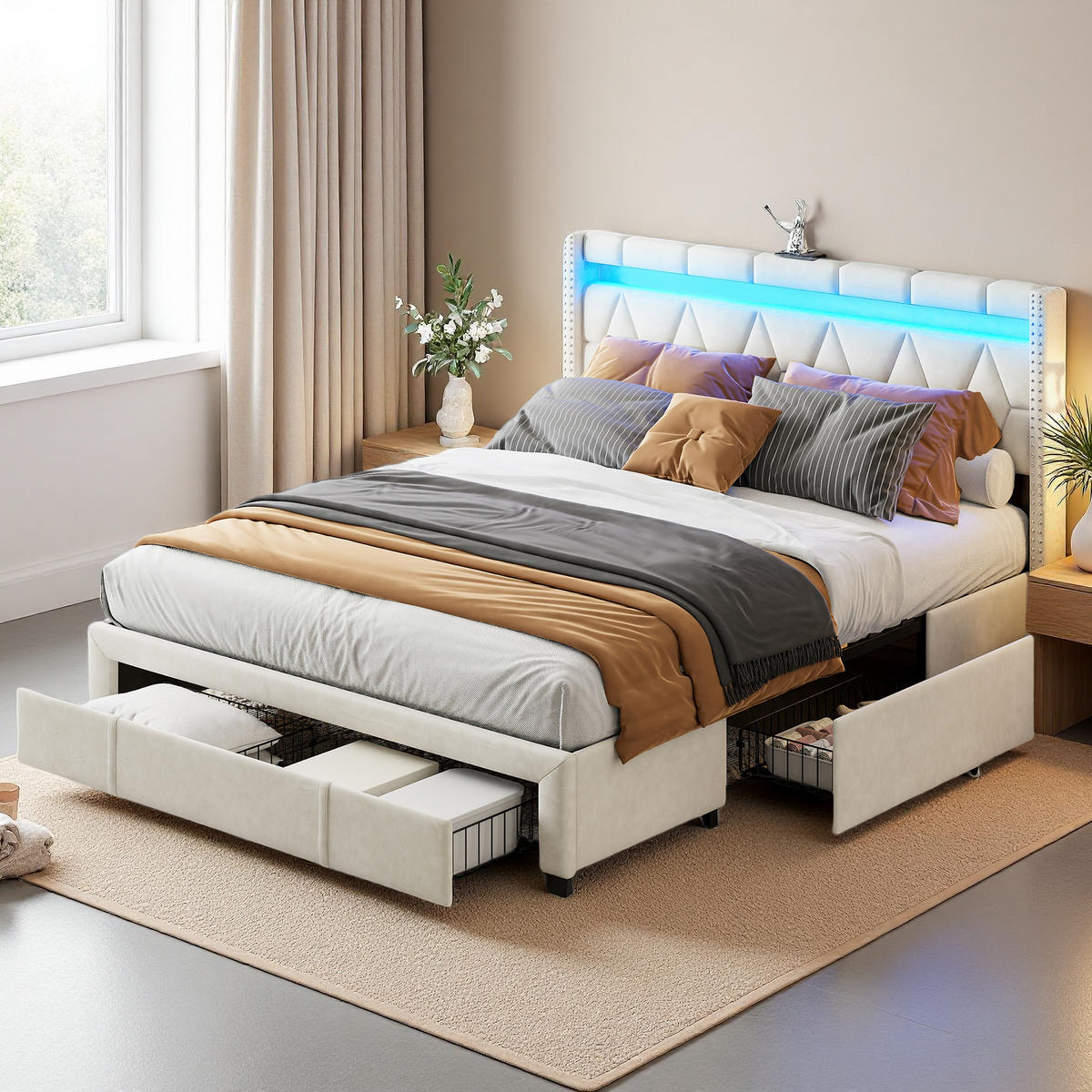 KLÄDD säng 160x200 cm beige tyg LED USB 4 lådor - Beige, Trä (160/200cm) - SHOPENTRA