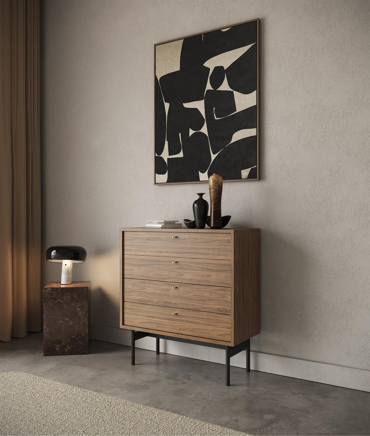 KOMMODE Olar Holzoptik Carini Nussbaum 85,5 cm - Goldfarben/Schwarz, Holzwerkstoff/Metall (85.5/91.9/38cm) - Selsey