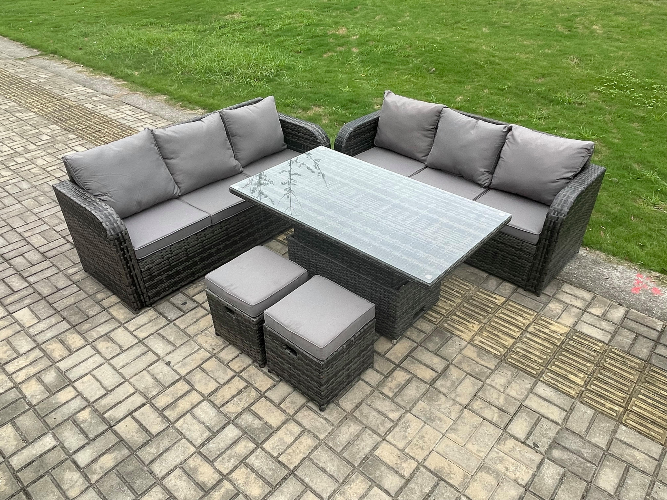 GARTENSOFA SET Polyrattan 8-Sitzer - Dunkelgrau/Grau, Glas/Kunststoff - Fimous