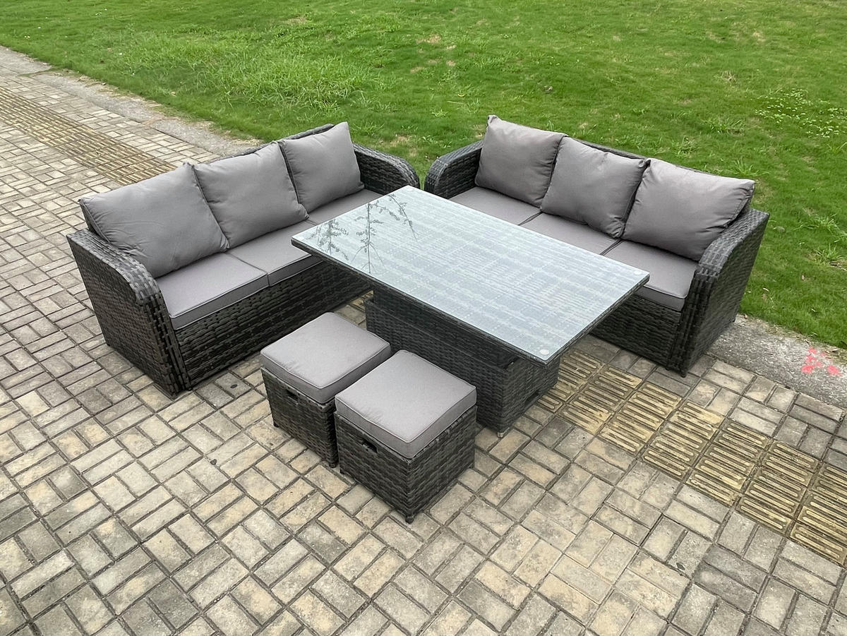 GARTENSOFA SET Polyrattan 8-Sitzer - Dunkelgrau/Grau, Glas/Kunststoff - Fimous