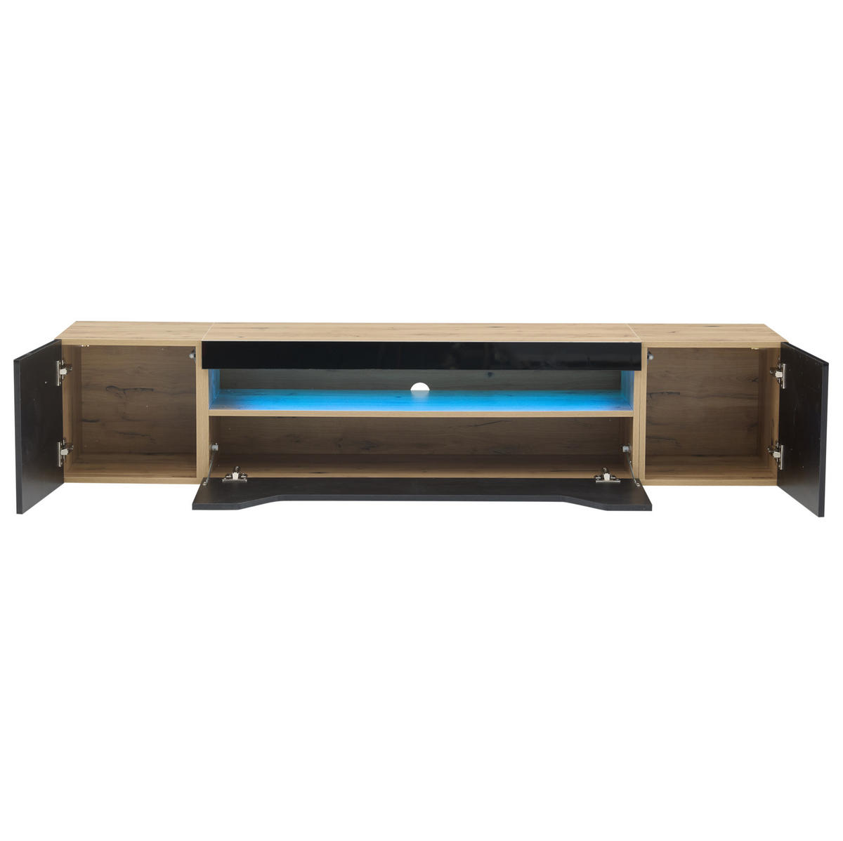 ZÁVĚSNÝ TV stolek 180/37/36 cm s LED osvětlením, vysokým leskem a víceúrovňovým úložištěm, Černá + přírodní dřevo - černá, kompozitní dřevo (180/36/37cm) - Redom