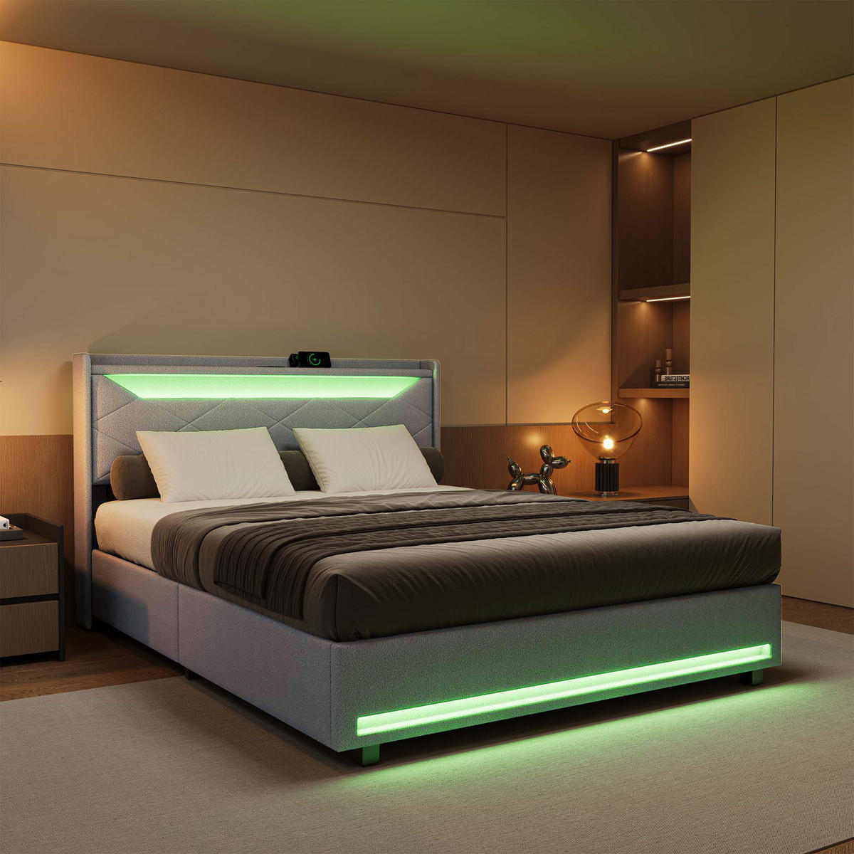 POLSTERBETT 140x200 cm LED Stauraum Lattenrost gepolstert grau - Grau, Holz (140/200cm) - LEBENLANG