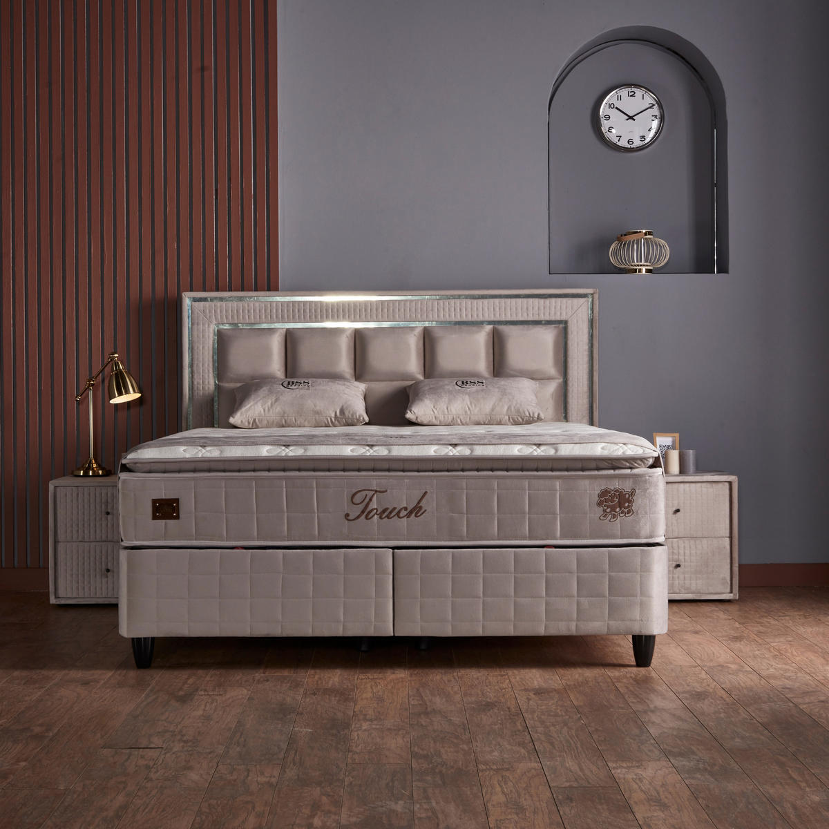 BOXBETT Wooltouch Bett mit Matratze 140x200 - Beige, Holz (140/200cm)