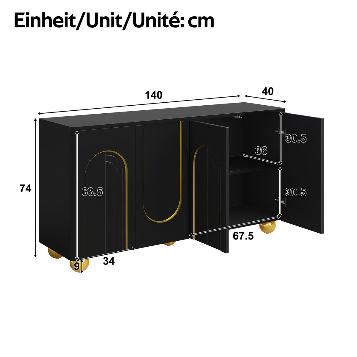 SIDEBOARD 4 Türen Goldlinien Design Kugelfüße Modern Schrank - Schwarz, Holzwerkstoff (140/74/40cm) - FLIEKS