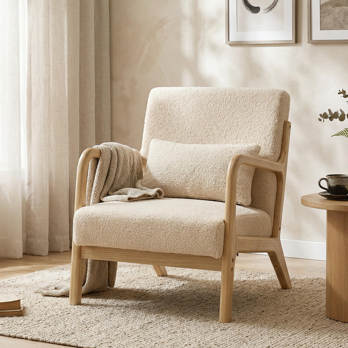 ARMLEHNSTUHL DE-13332 3 Kissen & tiefe Sitzfläche Beige - Beige, Holz (78/76/61cm) - ComfortXL
