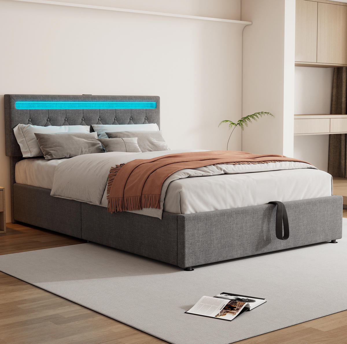 POLSTERBETT aus Leinen 140x200 cm in Grau mit LED-Beleuchtung & USB-C - Grau, Textil (140/200cm) - Modfu