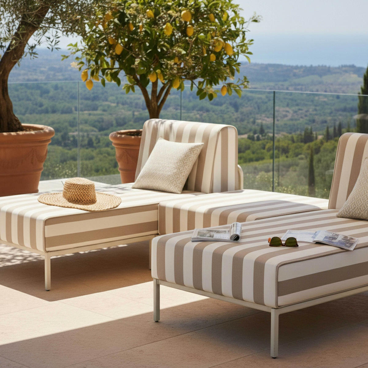 GARTENSOFA mit 3 Sitzplätzen, Beige - Beige, Metall - Oviala