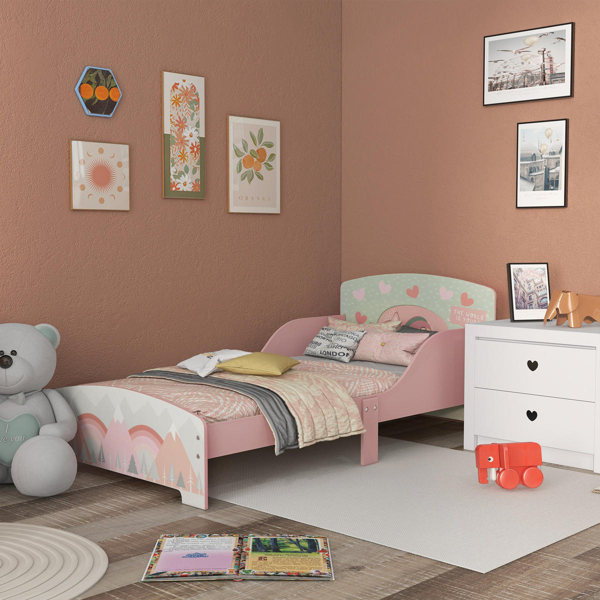 KINDERBETT 140x70 cm DE-14625 mit Sicherheitsbarrieren und Tiermotiv Rosa - Pink, Holzwerkstoff (70/140cm) - ComfortXL