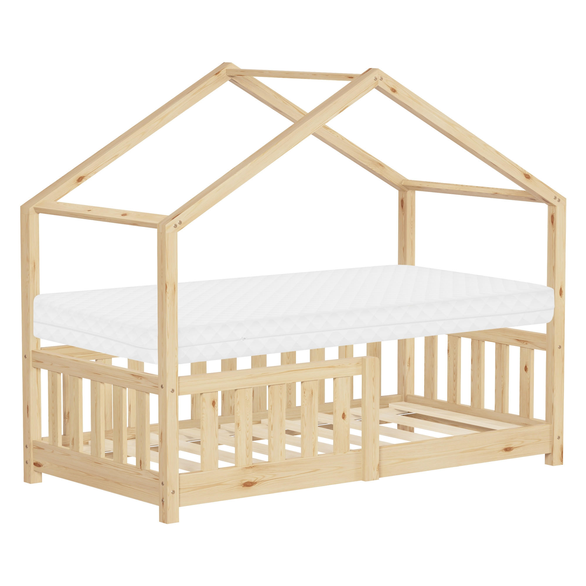 HAUSBETT mit Matratze 70x140 cm Natur aus Kiefernholz mit Rausfallschutz - Beige, Holz (70/140cm) - ML-DESIGN