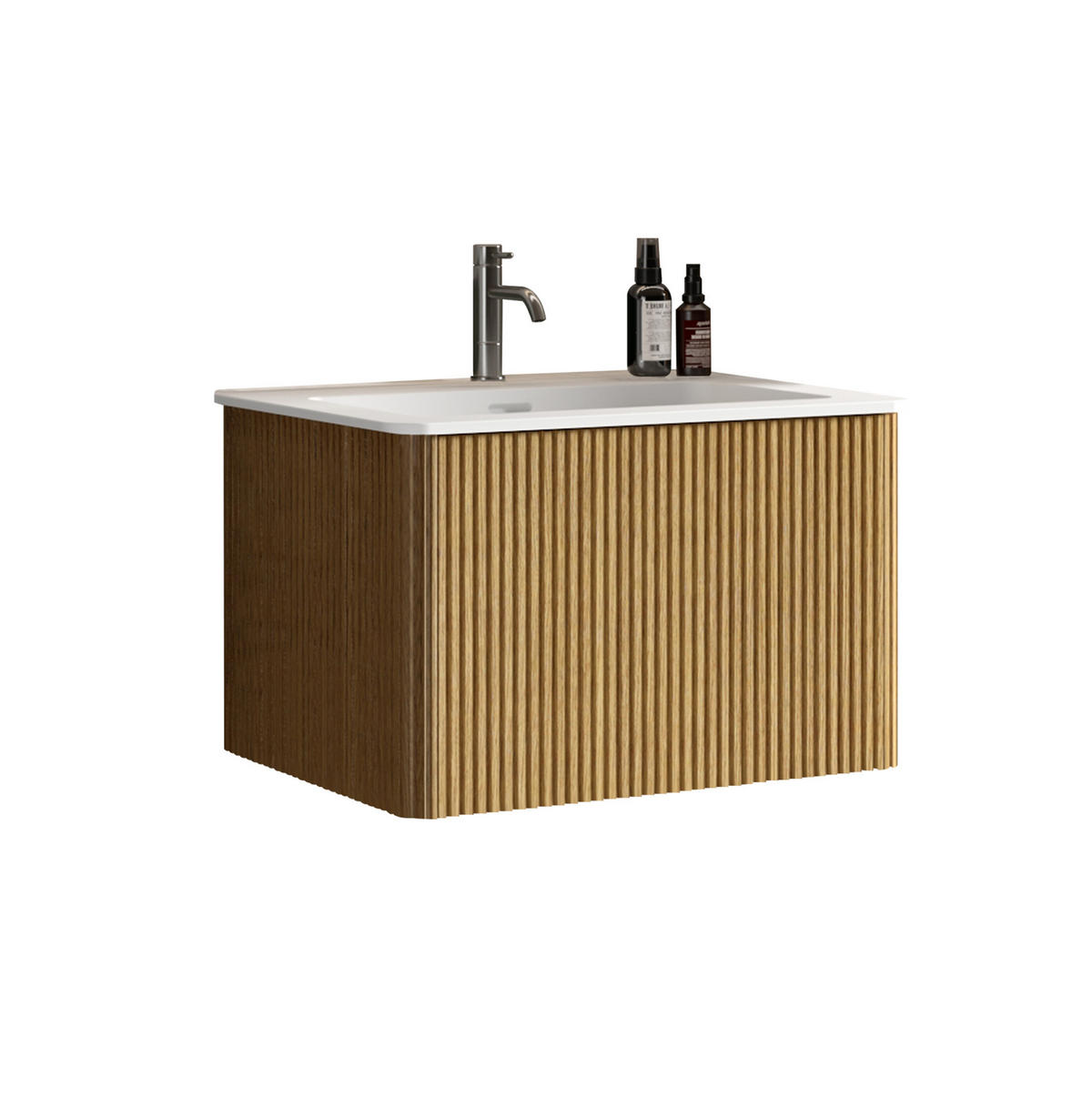WASCHBECKEN mit Unterschrank aus MDF/Sperrholz 61x46x37 cm mit Solid Surface 60 cm Eiche, wandhängend, mit Push-to-Open-Schubladen - Eichefarben, Holzwerkstoff (61/37/46.5cm) - Modfu